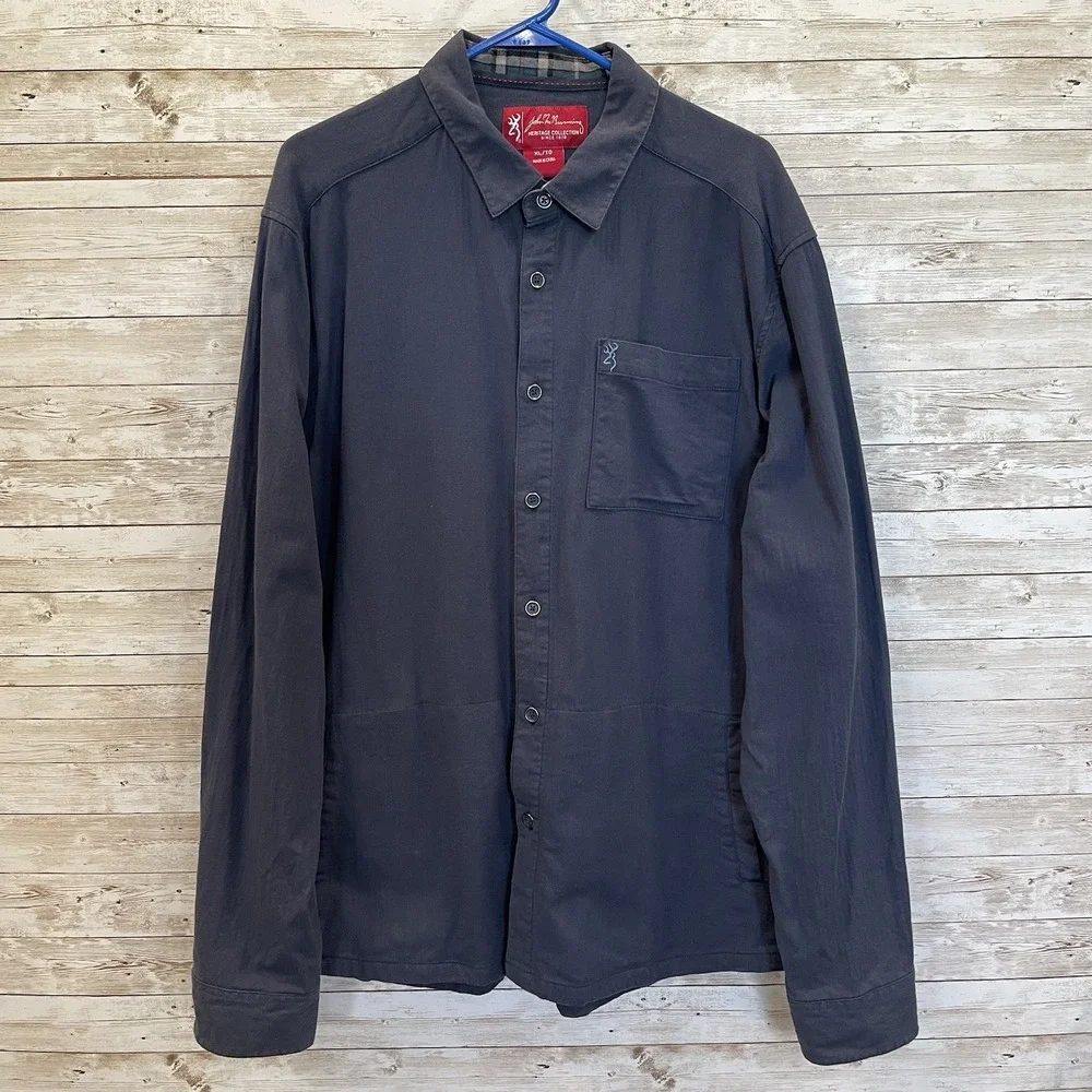 John M Browning Mens XL Shirt Heritage Collection Navy Button Up‎ Hand Pockets